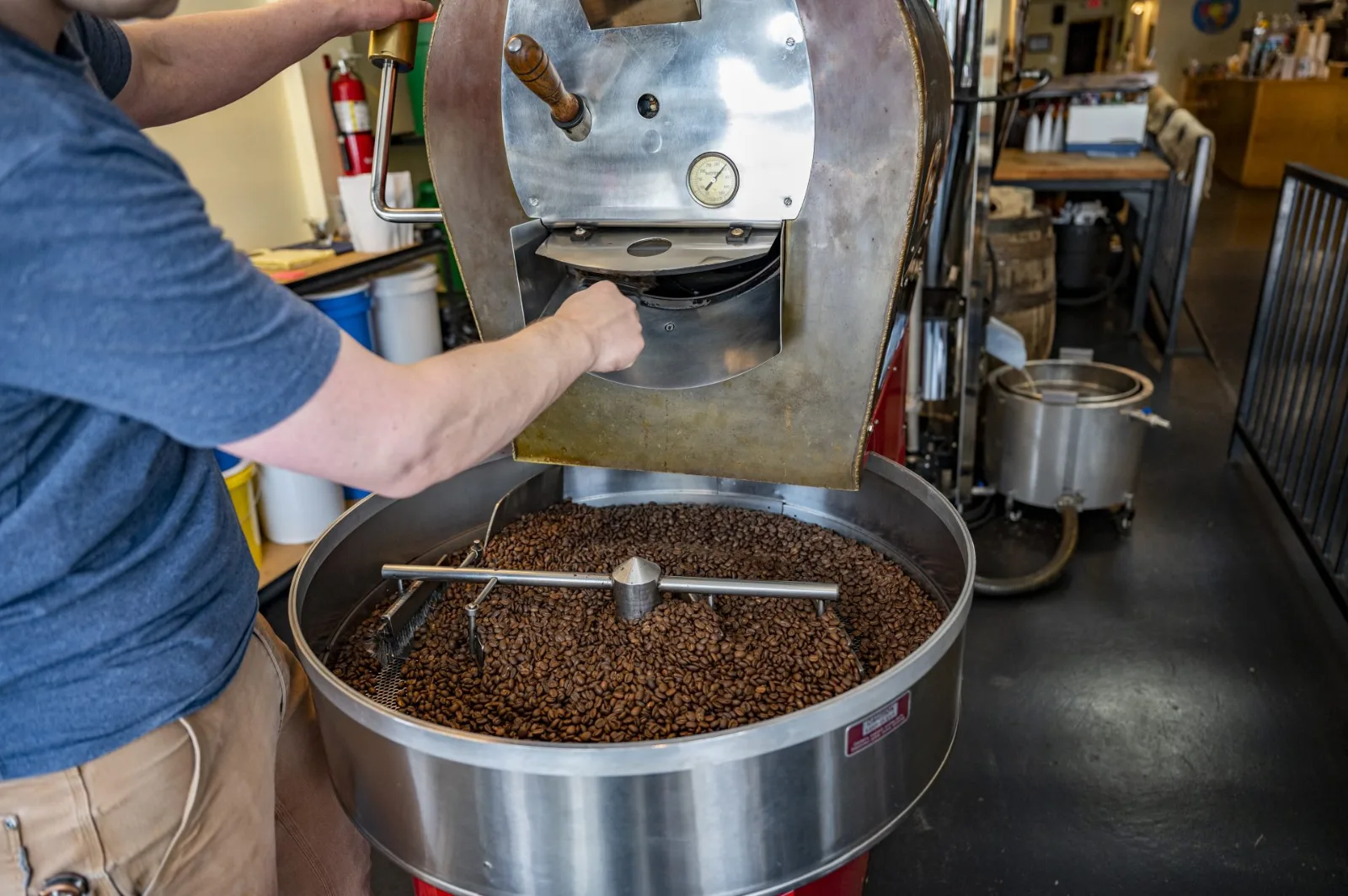 Coffee beans being roasted at a downtown Paris coffee roaster