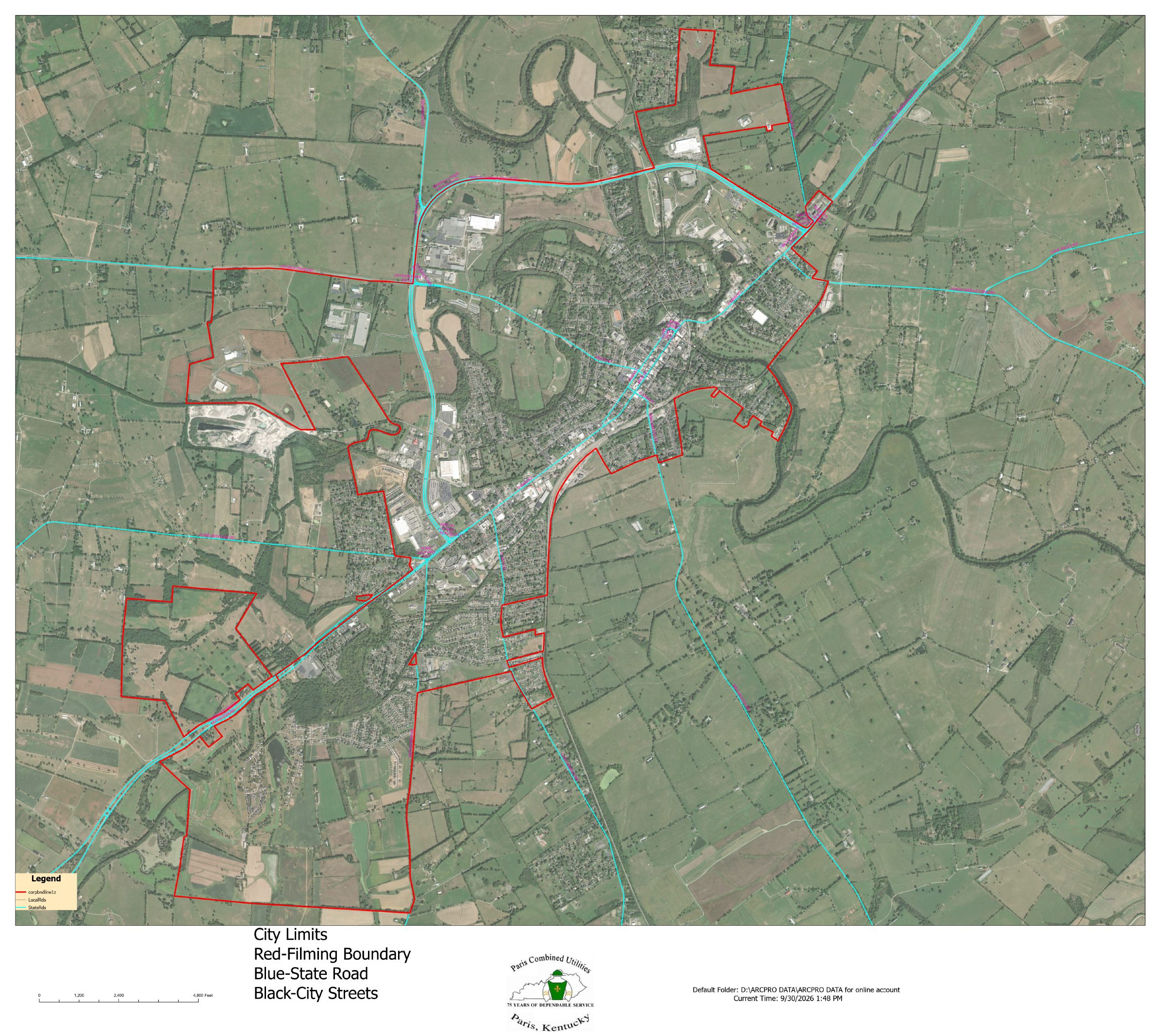 City Limits Filming Boundary map: aerial view of Paris, Kentucky with the city limits filming boundary outlined in red and city and state roads marked by color, as shown in the map legend. Opens the map PDF in a new tab.